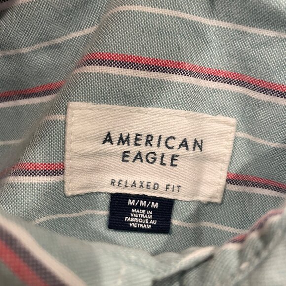 American Eagle Men's Sz M Green Red White Striped Relaxed Fit Shirt - Picture 3 of 13